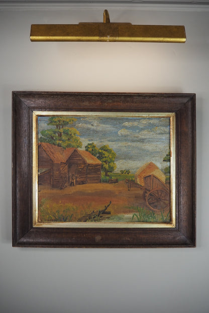 Antique Rustic Farm Landscape Oil Painting (c.1926–1930) – Hay Cart & Pond Scene