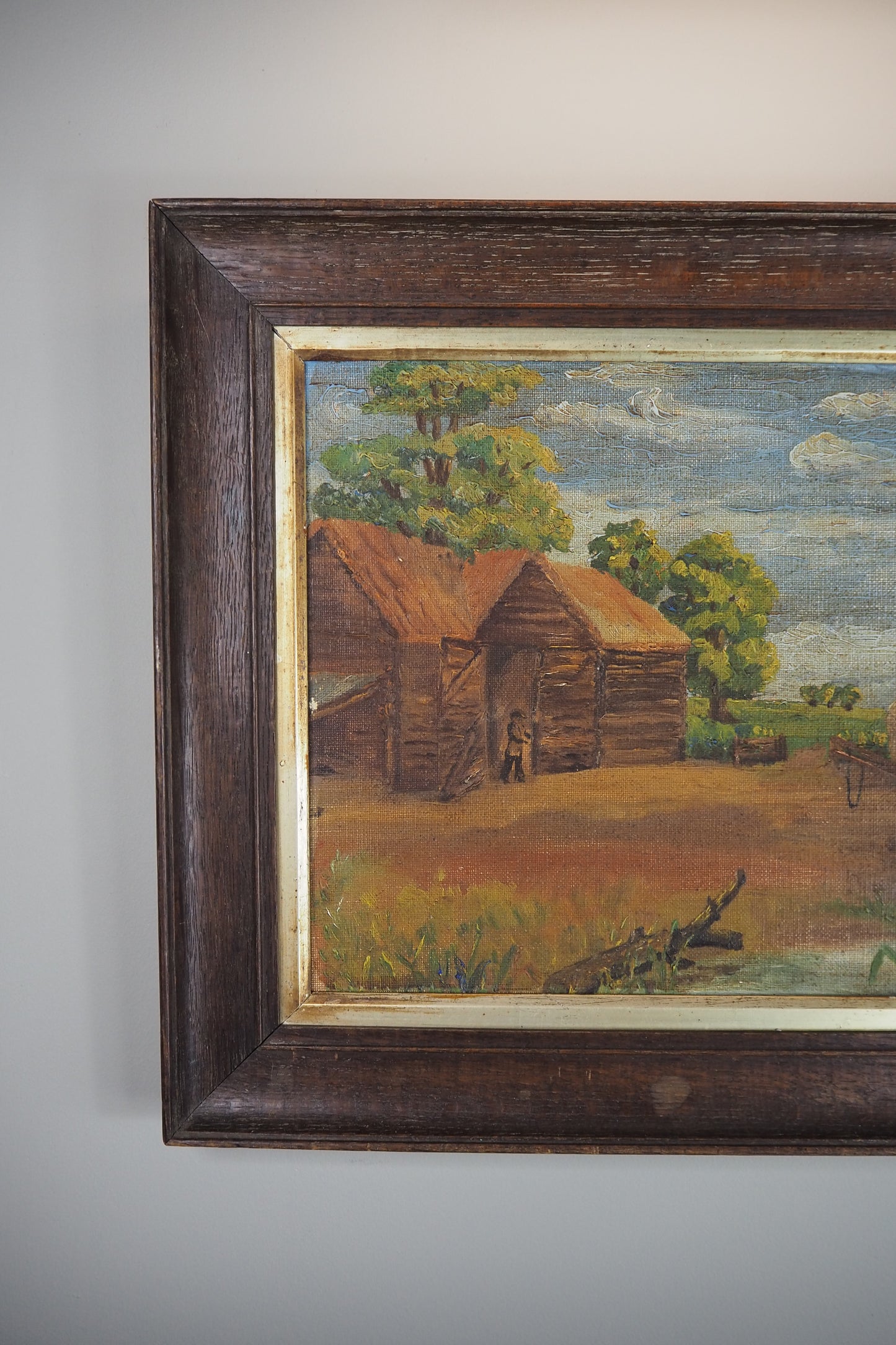 Antique Rustic Farm Landscape Oil Painting (c.1926–1930) – Hay Cart & Pond Scene