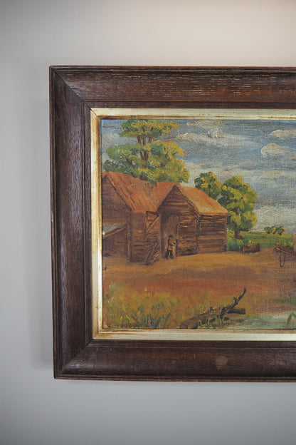 Antique Rustic Farm Landscape Oil Painting (c.1926–1930) – Hay Cart & Pond Scene