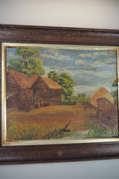 Antique Rustic Farm Landscape Oil Painting (c.1926–1930) – Hay Cart & Pond Scene