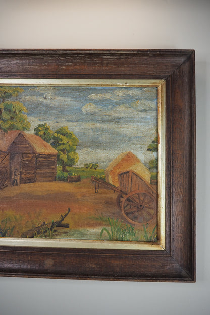 Antique Rustic Farm Landscape Oil Painting (c.1926–1930) – Hay Cart & Pond Scene