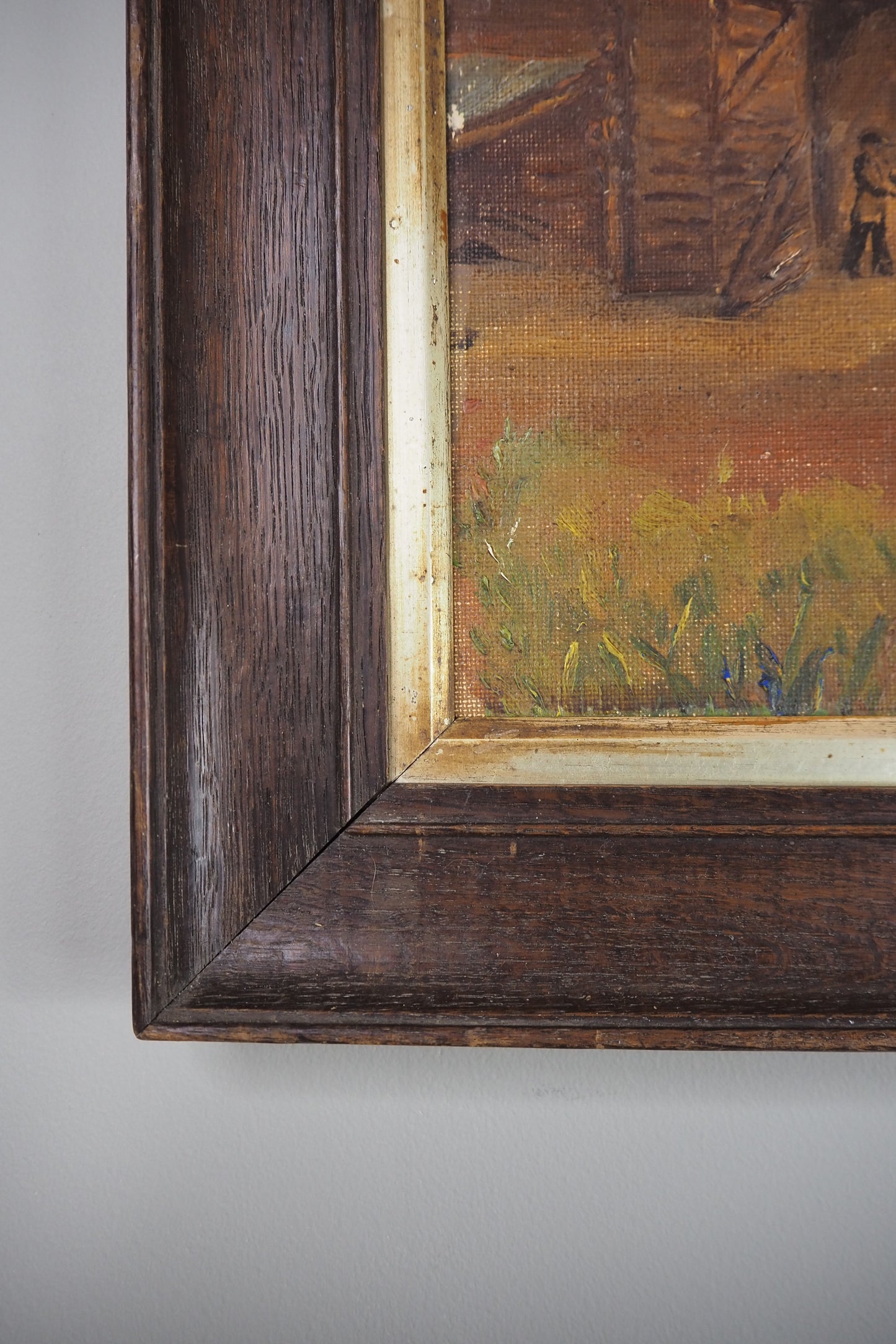 Antique Rustic Farm Landscape Oil Painting (c.1926–1930) – Hay Cart & Pond Scene