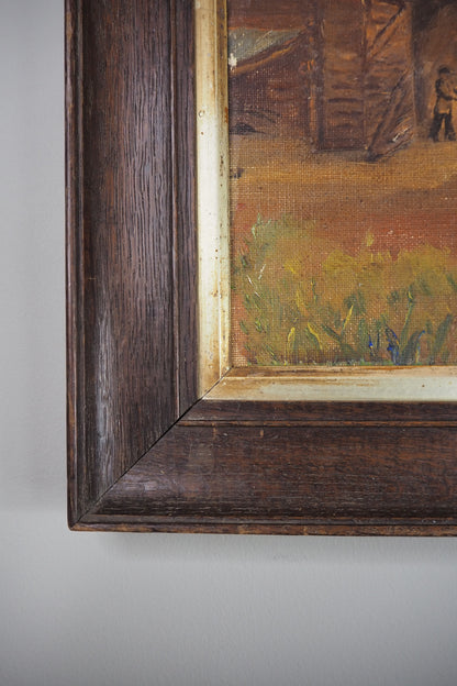 Antique Rustic Farm Landscape Oil Painting (c.1926–1930) – Hay Cart & Pond Scene