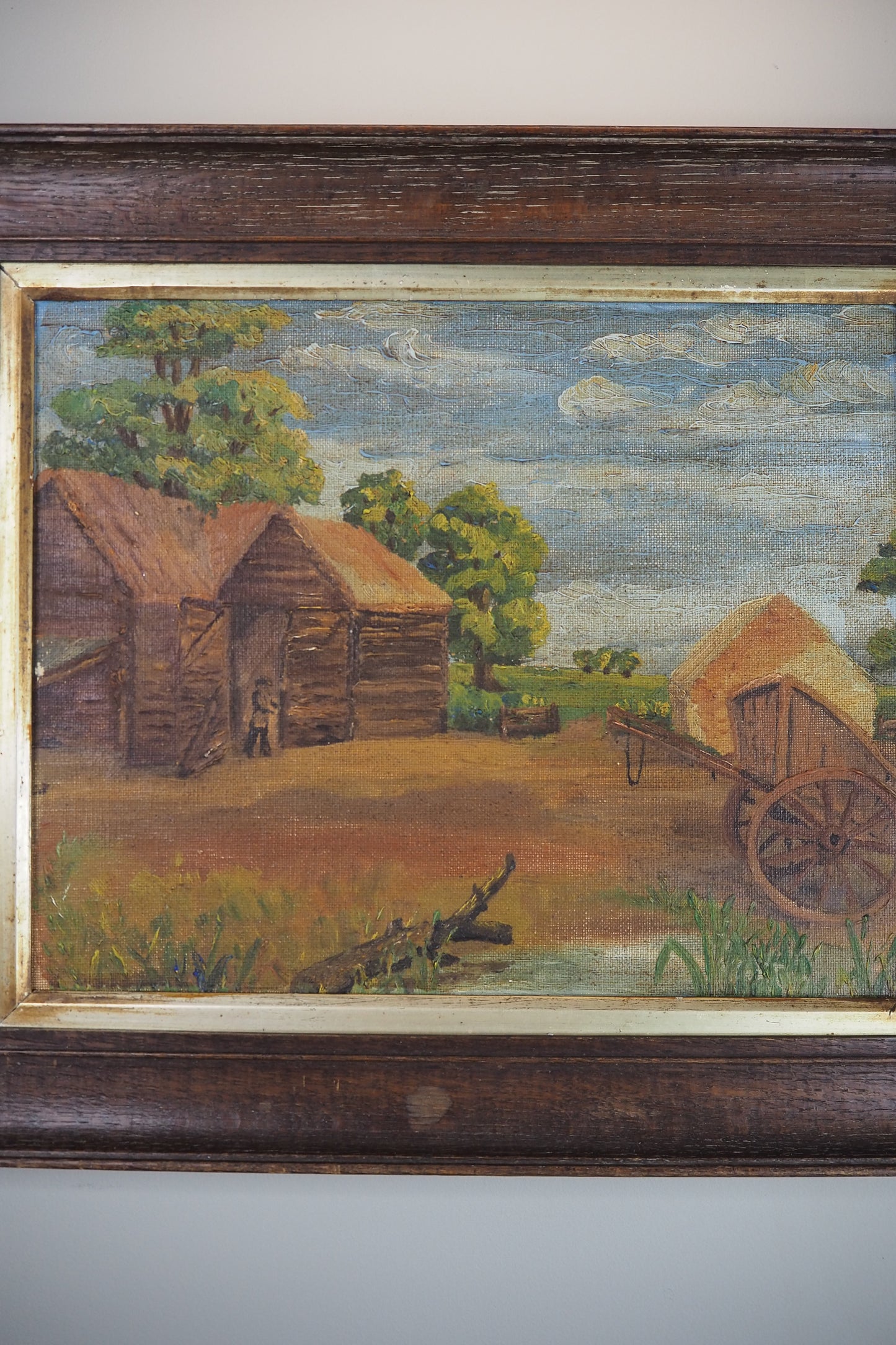 Antique Rustic Farm Landscape Oil Painting (c.1926–1930) – Hay Cart & Pond Scene