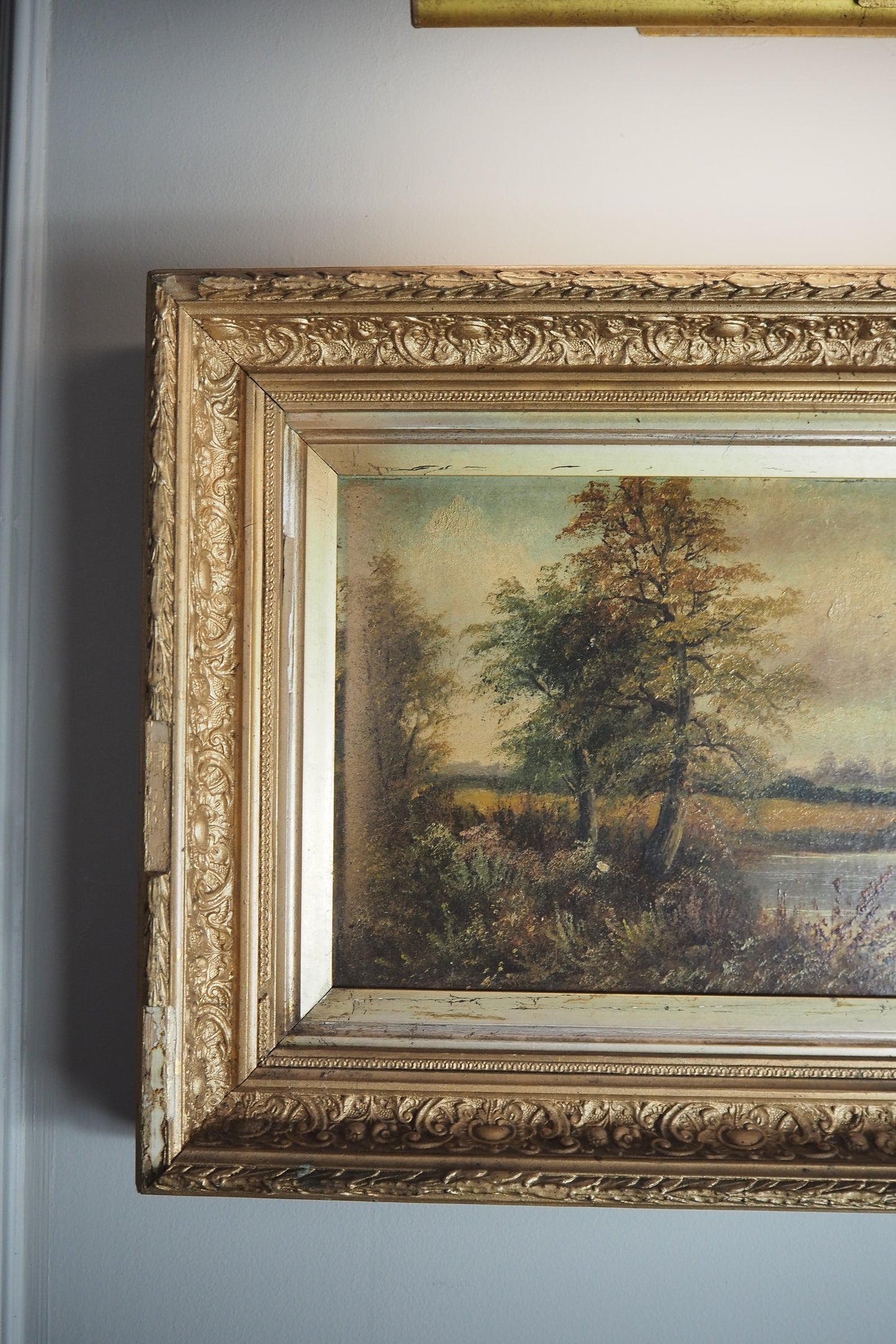 Antique Oil Painting River Landscape Signed R. Hully | Victorian Ornate Gold Gesso Frame