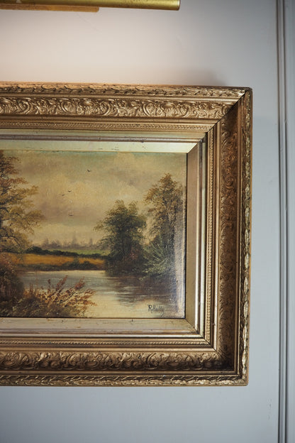 Antique Oil Painting River Landscape Signed R. Hully | Victorian Ornate Gold Gesso Frame