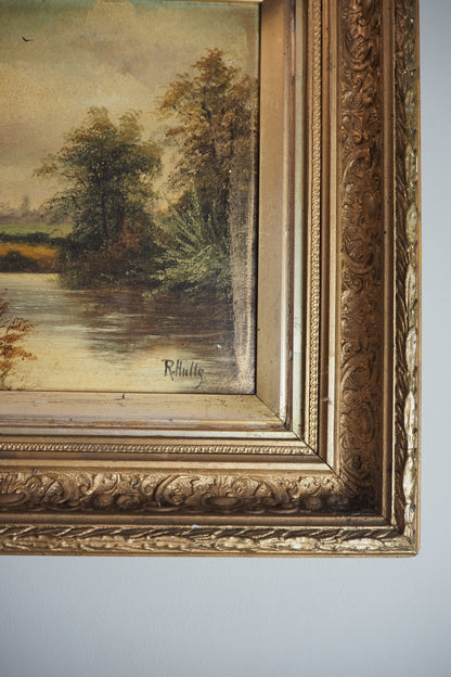 Antique Oil Painting River Landscape Signed R. Hully | Victorian Ornate Gold Gesso Frame