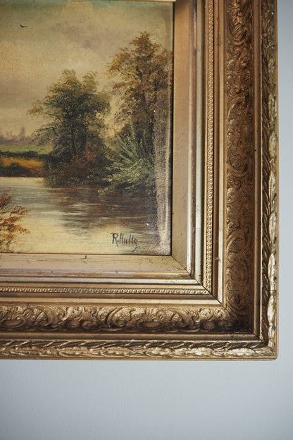Antique Oil Painting River Landscape Signed R. Hully | Victorian Ornate Gold Gesso Frame