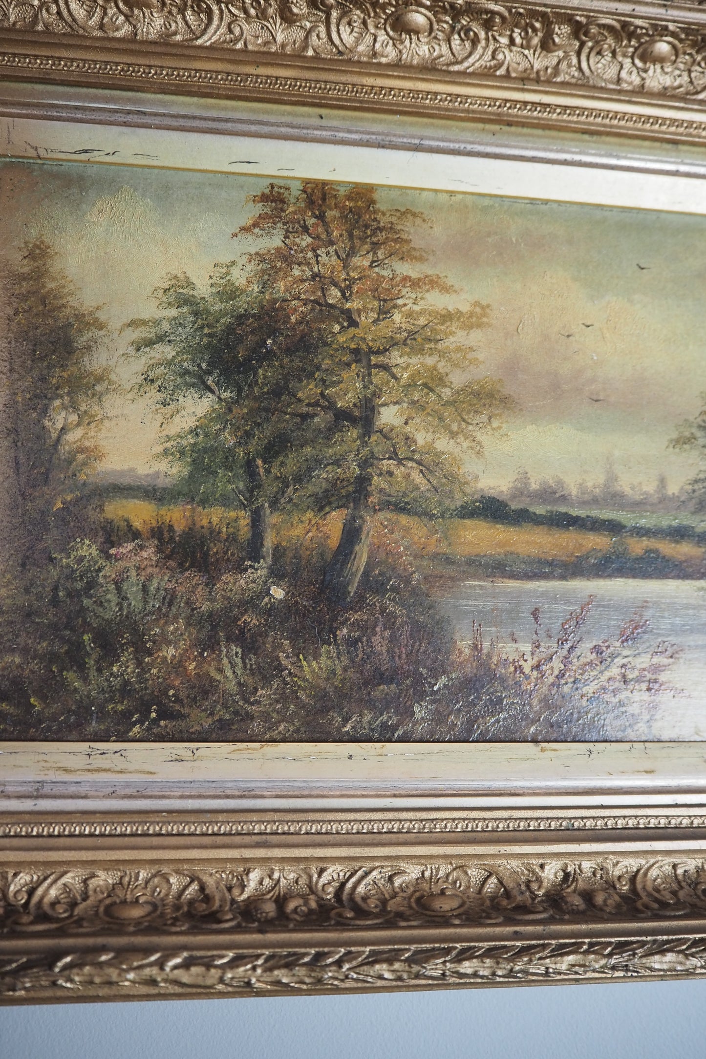 Antique Oil Painting River Landscape Signed R. Hully | Victorian Ornate Gold Gesso Frame
