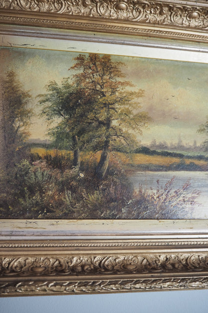 Antique Oil Painting River Landscape Signed R. Hully | Victorian Ornate Gold Gesso Frame