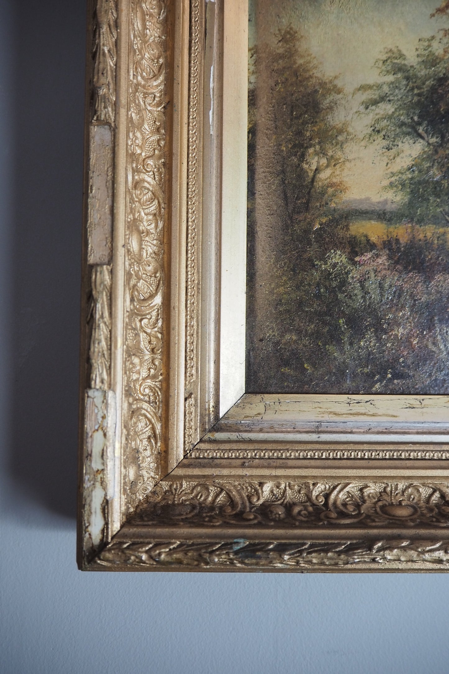 Antique Oil Painting River Landscape Signed R. Hully | Victorian Ornate Gold Gesso Frame