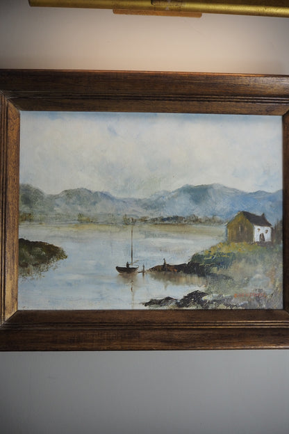 Vintage Rustic Oil Painting by E. Henstock in a Wooden Oak Picture Frame