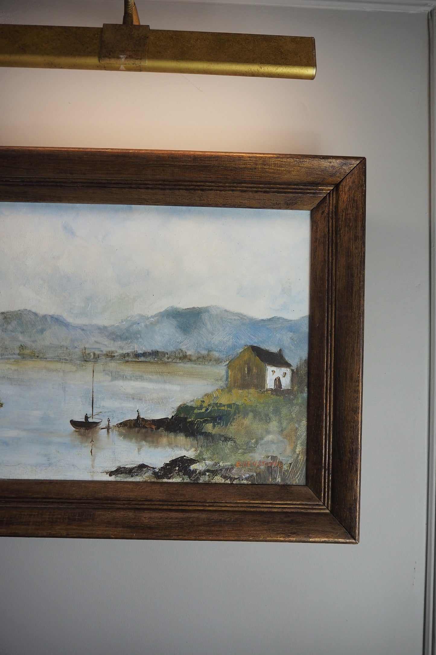 Vintage Rustic Oil Painting by E. Henstock in a Wooden Oak Picture Frame