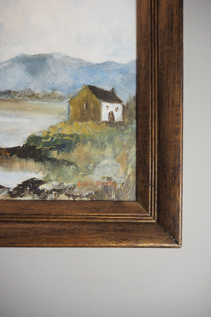 Vintage Rustic Oil Painting by E. Henstock in a Wooden Oak Picture Frame