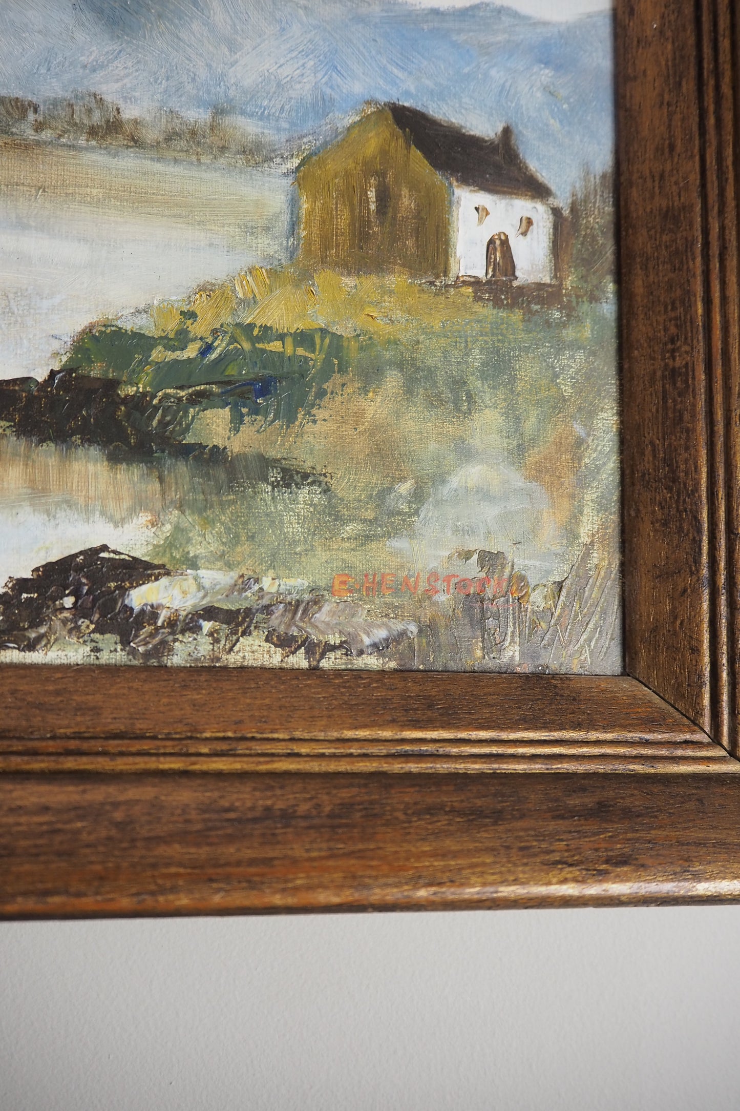 Vintage Rustic Oil Painting by E. Henstock in a Wooden Oak Picture Frame