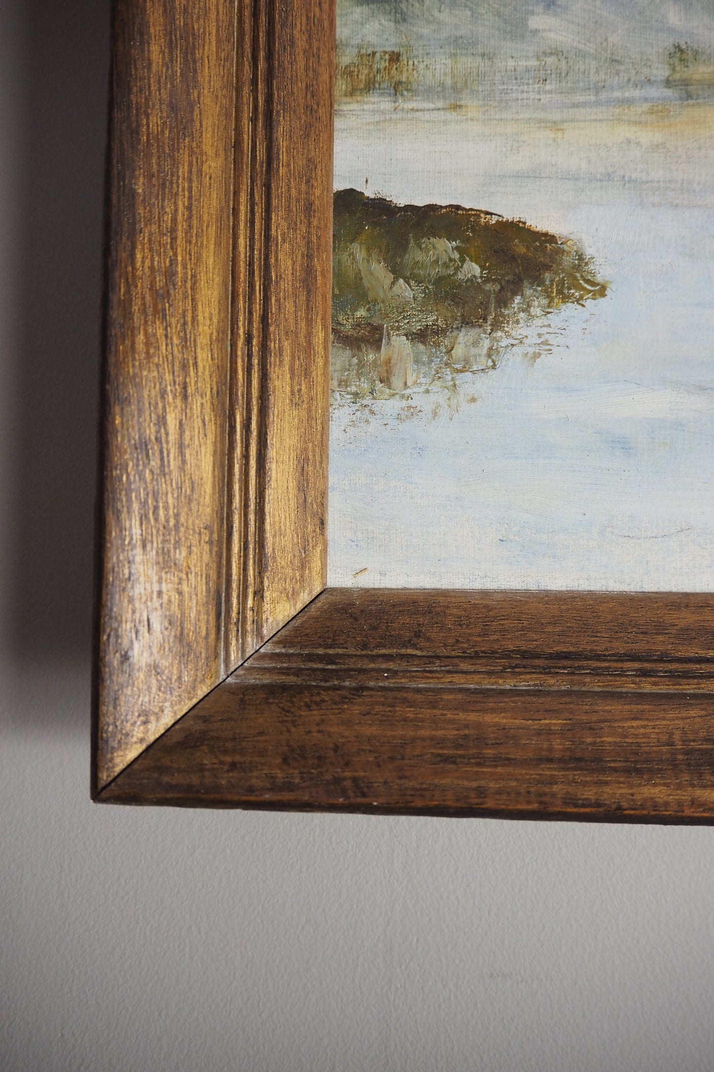 Vintage Rustic Oil Painting by E. Henstock in a Wooden Oak Picture Frame