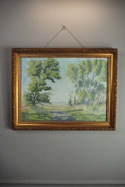 Vintage Landscape Oil Painting by H. W. Johnson (1988) – Gilt Thick Frame