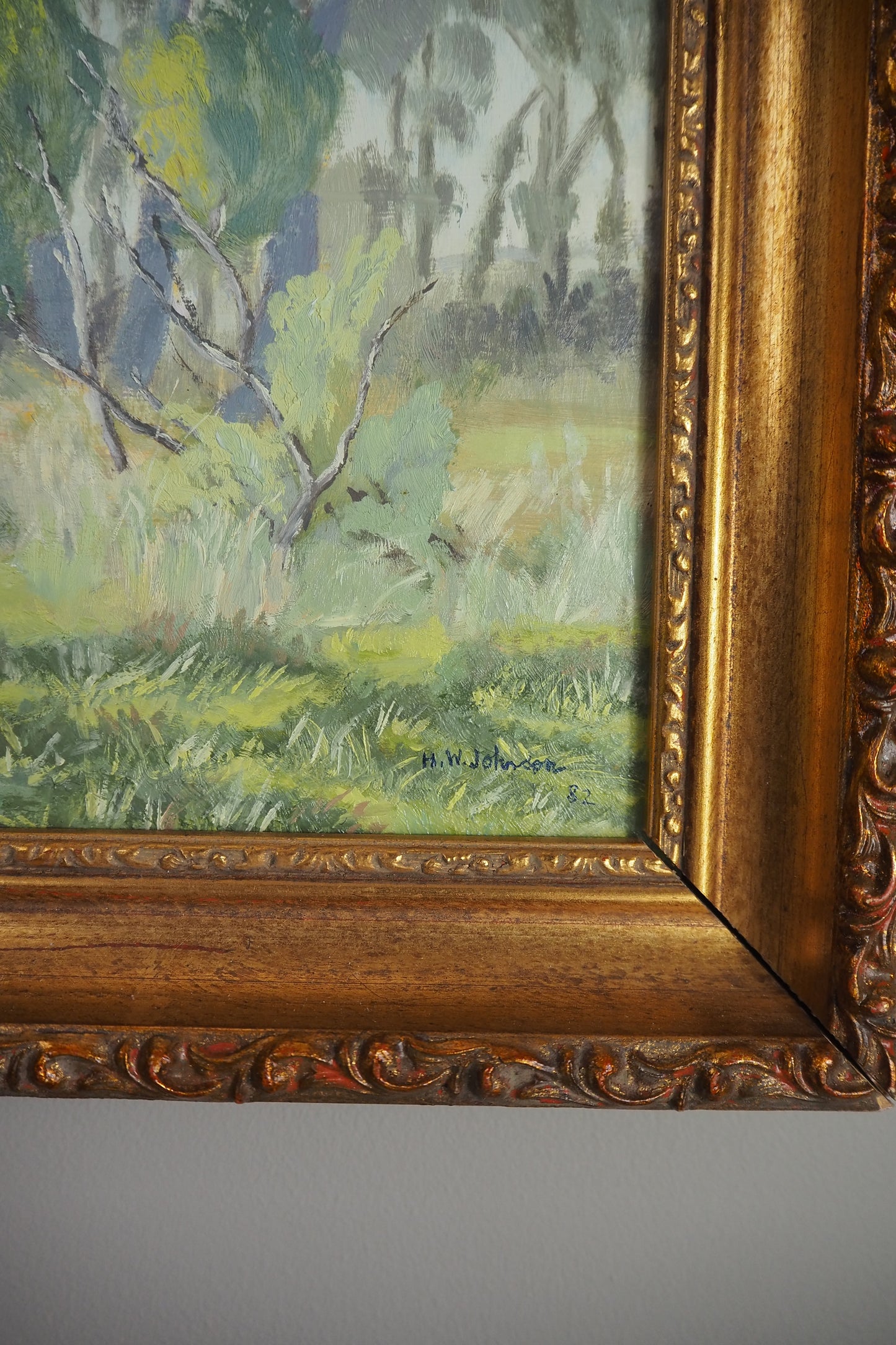 Vintage Landscape Oil Painting by H. W. Johnson (1988) – Gilt Thick Frame