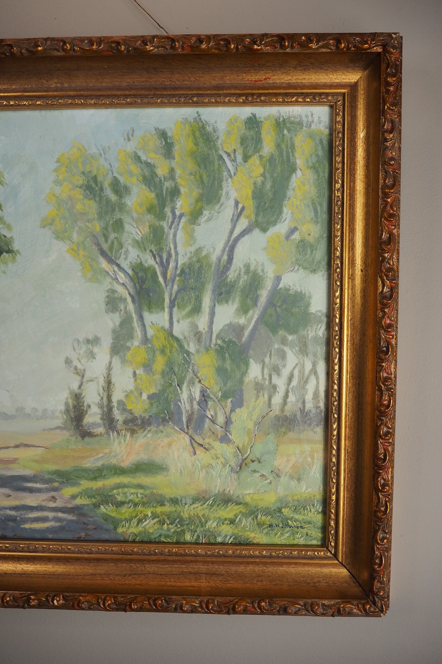 Vintage Landscape Oil Painting by H. W. Johnson (1988) – Gilt Thick Frame