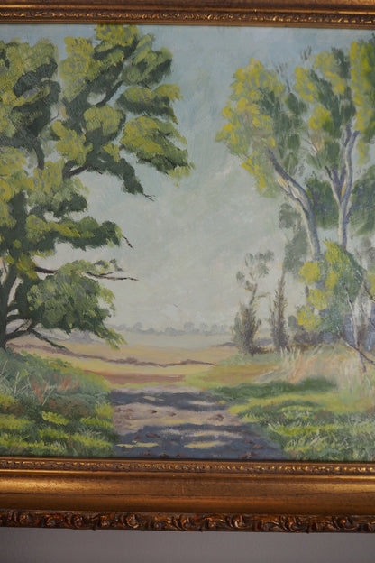 Vintage Landscape Oil Painting by H. W. Johnson (1988) – Gilt Thick Frame
