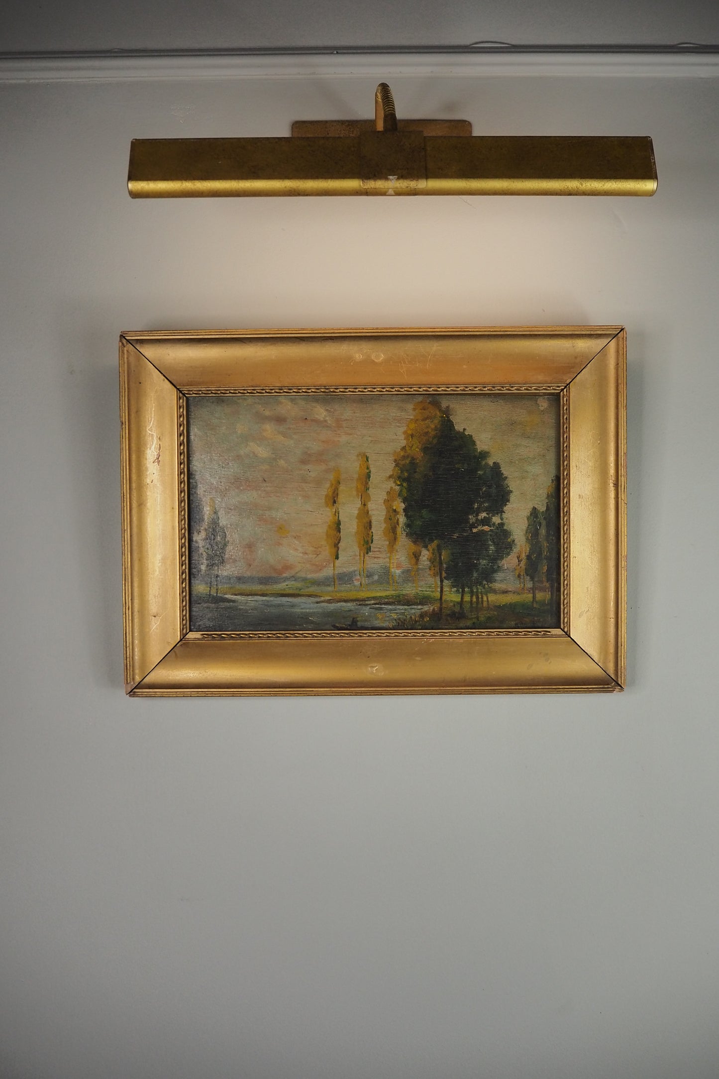 Antique Dark Landscape Oil Painting French Style Windswept Trees