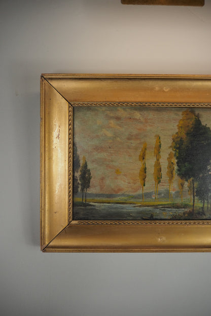 Antique Dark Landscape Oil Painting French Style Windswept Trees