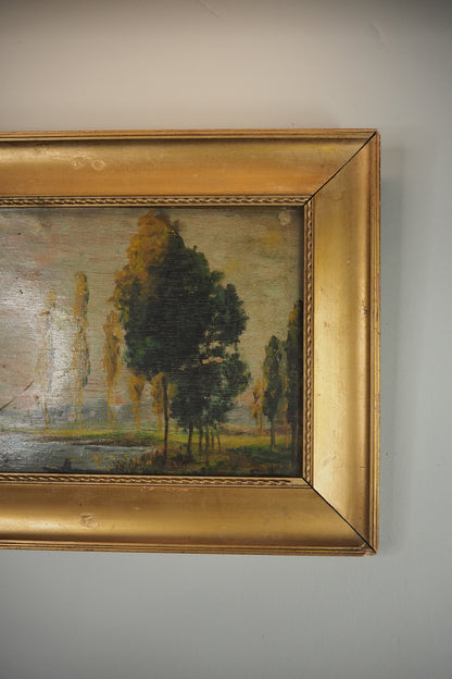 Antique Dark Landscape Oil Painting French Style Windswept Trees