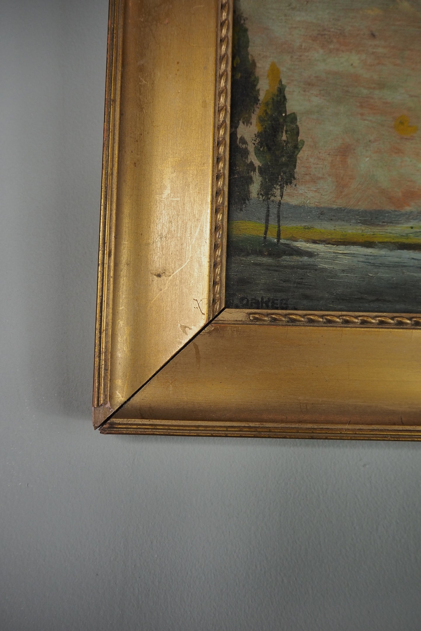 Antique Dark Landscape Oil Painting French Style Windswept Trees