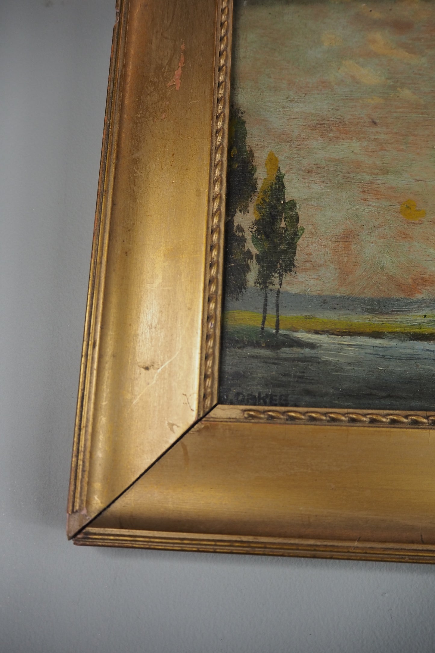 Antique Dark Landscape Oil Painting French Style Windswept Trees