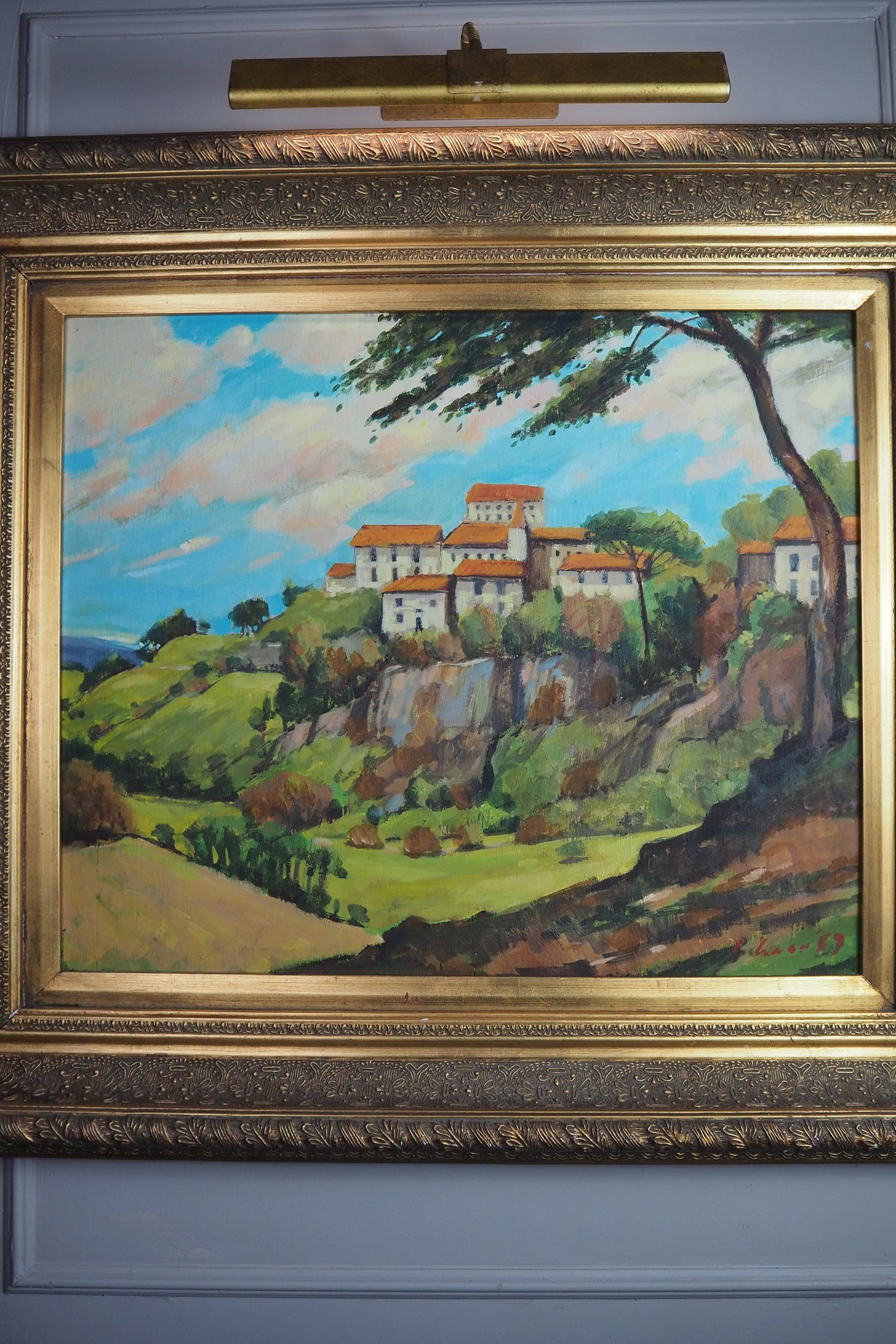 Large Vintage Oil Painting 1969 | Post-Impressionist Village Landscape Homeage  Paul Cézanne