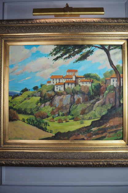 Large Vintage Oil Painting 1969 | Post-Impressionist Village Landscape Homeage  Paul Cézanne