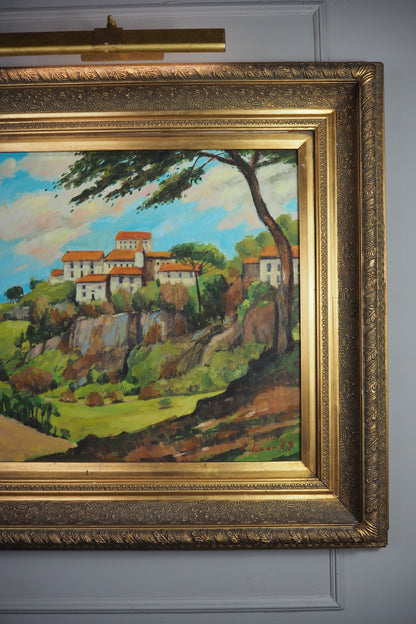 Large Vintage Oil Painting 1969 | Post-Impressionist Village Landscape Homeage  Paul Cézanne