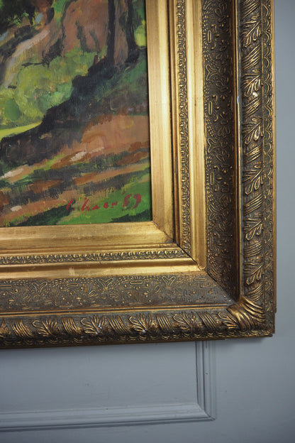 Large Vintage Oil Painting 1969 | Post-Impressionist Village Landscape Homeage  Paul Cézanne