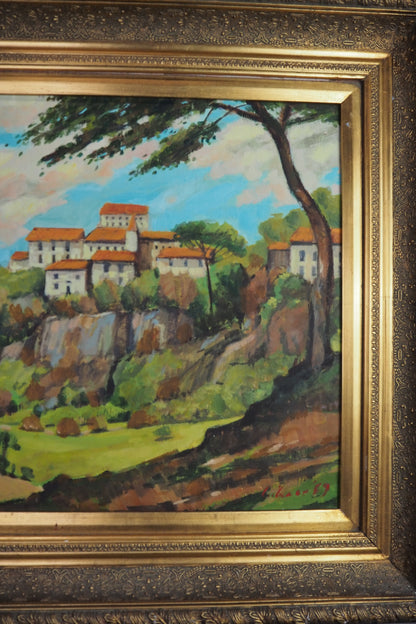 Large Vintage Oil Painting 1969 | Post-Impressionist Village Landscape Homeage  Paul Cézanne