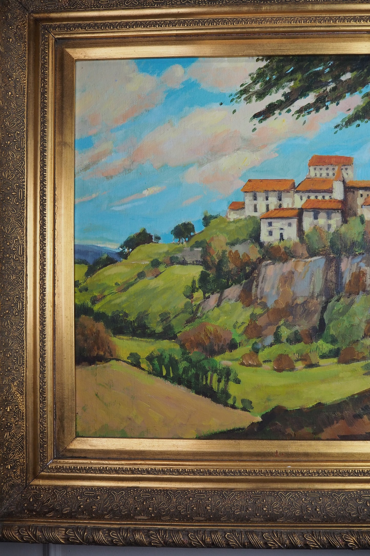 Large Vintage Oil Painting 1969 | Post-Impressionist Village Landscape Homeage  Paul Cézanne