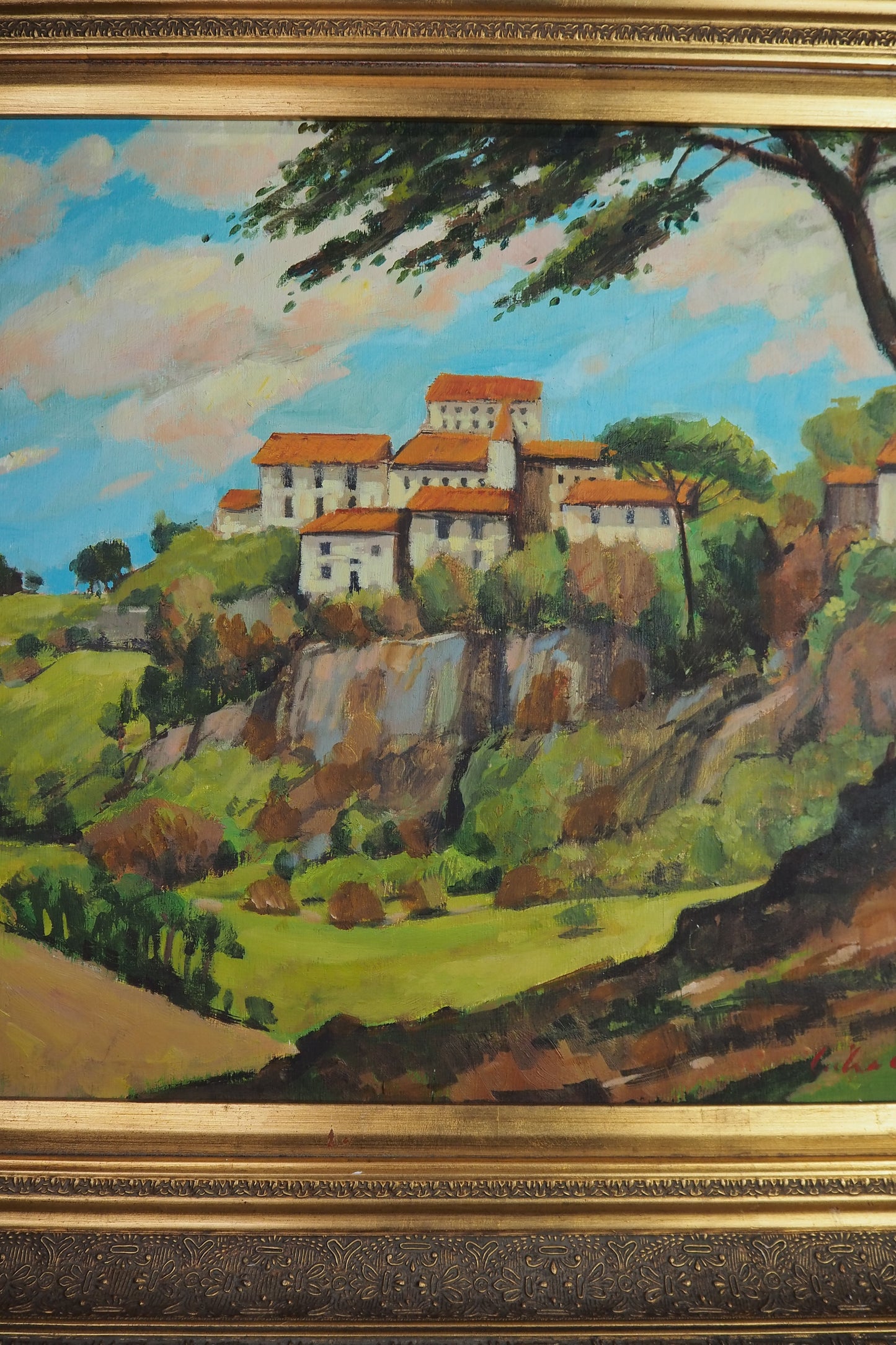 Large Vintage Oil Painting 1969 | Post-Impressionist Village Landscape Homeage  Paul Cézanne