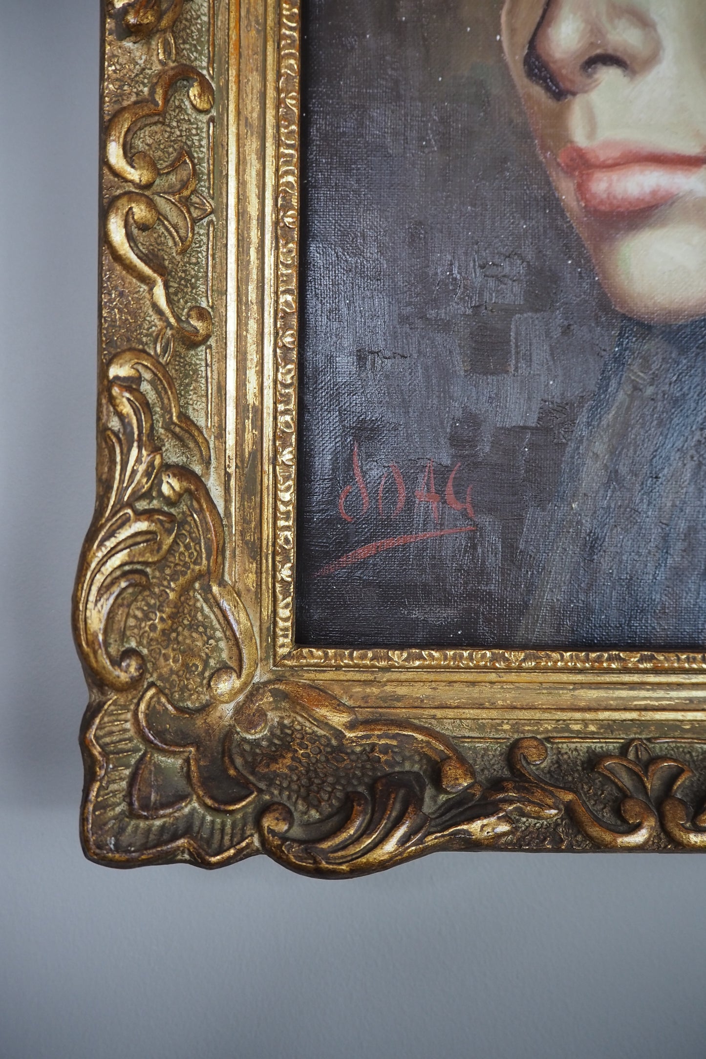 Vintage Portrait Oil Painting by Joan in Ornate in Chippendale Gold Frame
