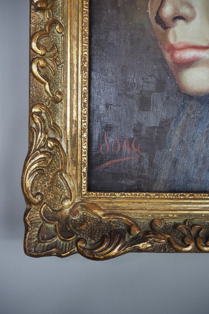 Vintage Portrait Oil Painting by Joan in Ornate in Chippendale Gold Frame