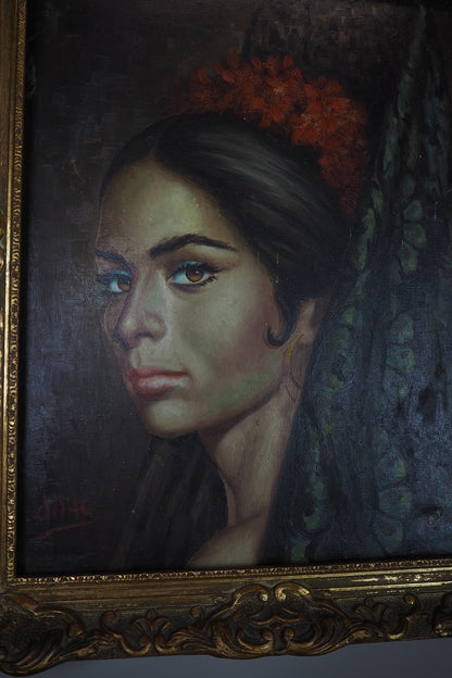 Vintage Portrait Oil Painting by Joan in Ornate in Chippendale Gold Frame