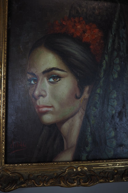 Vintage Portrait Oil Painting by Joan in Ornate in Chippendale Gold Frame