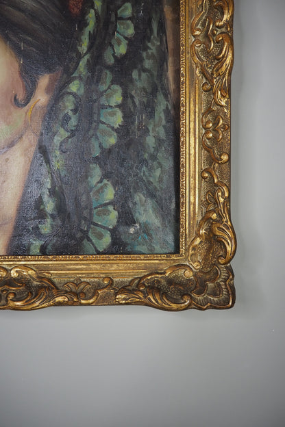Vintage Portrait Oil Painting by Joan in Ornate in Chippendale Gold Frame