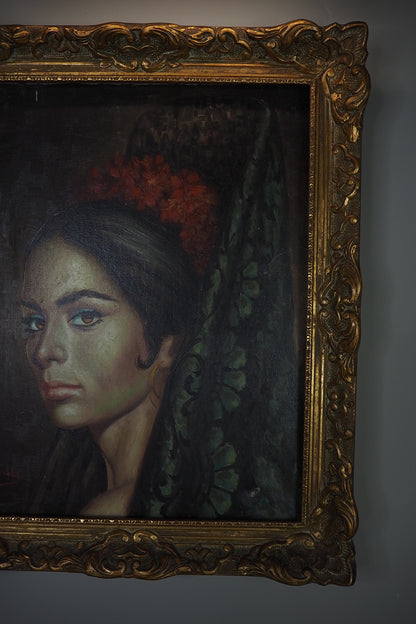 Vintage Portrait Oil Painting by Joan in Ornate in Chippendale Gold Frame