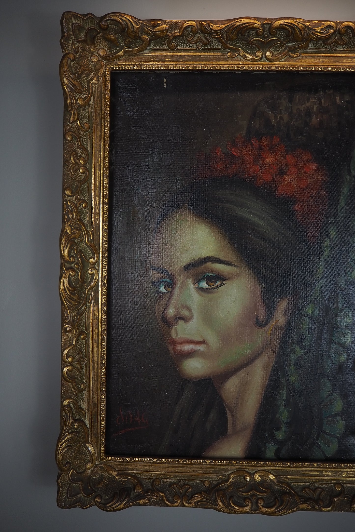 Vintage Portrait Oil Painting by Joan in Ornate in Chippendale Gold Frame