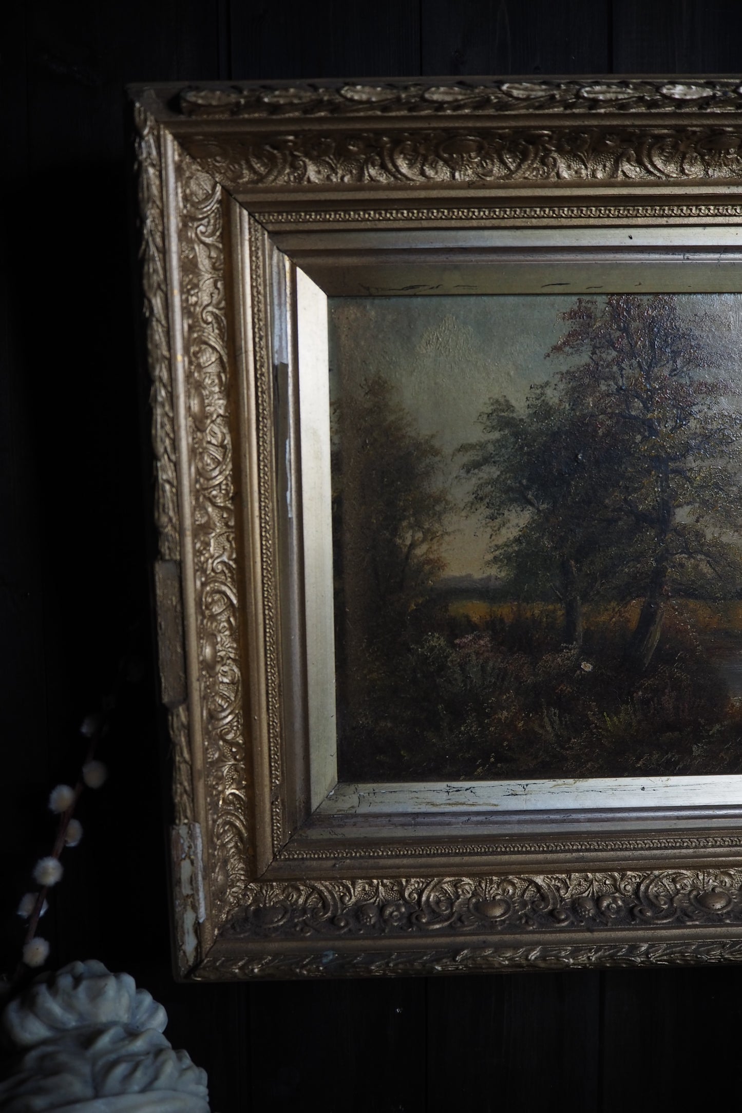 Antique Oil Painting River Landscape Signed R. Hully | Victorian Ornate Gold Gesso Frame