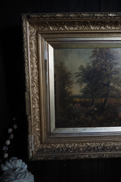 Antique Oil Painting River Landscape Signed R. Hully | Victorian Ornate Gold Gesso Frame