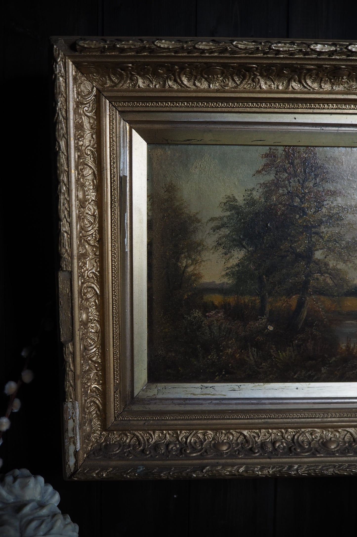 Antique Oil Painting River Landscape Signed R. Hully | Victorian Ornate Gold Gesso Frame