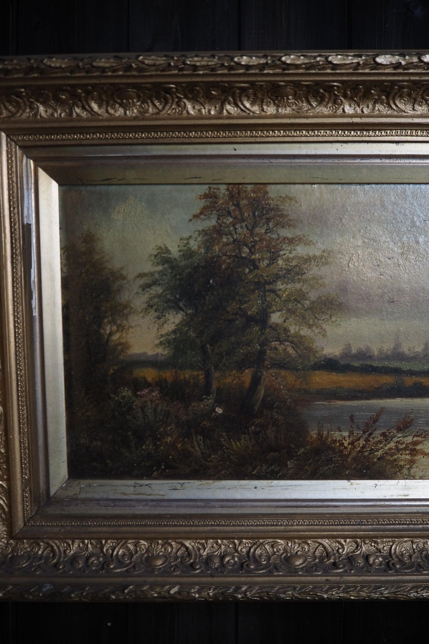 Antique Oil Painting River Landscape Signed R. Hully | Victorian Ornate Gold Gesso Frame
