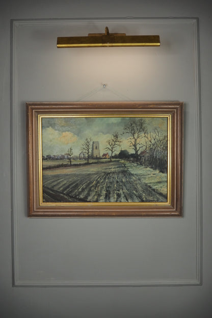 Vintage Pastoral Landscape Oil Painting – Framed Rural Village Scene