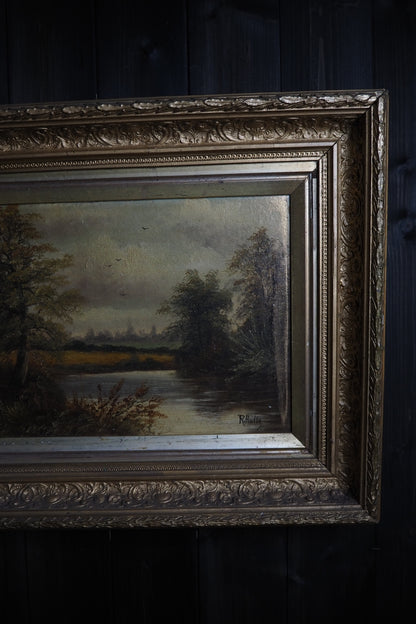 Antique Oil Painting River Landscape Signed R. Hully | Victorian Ornate Gold Gesso Frame