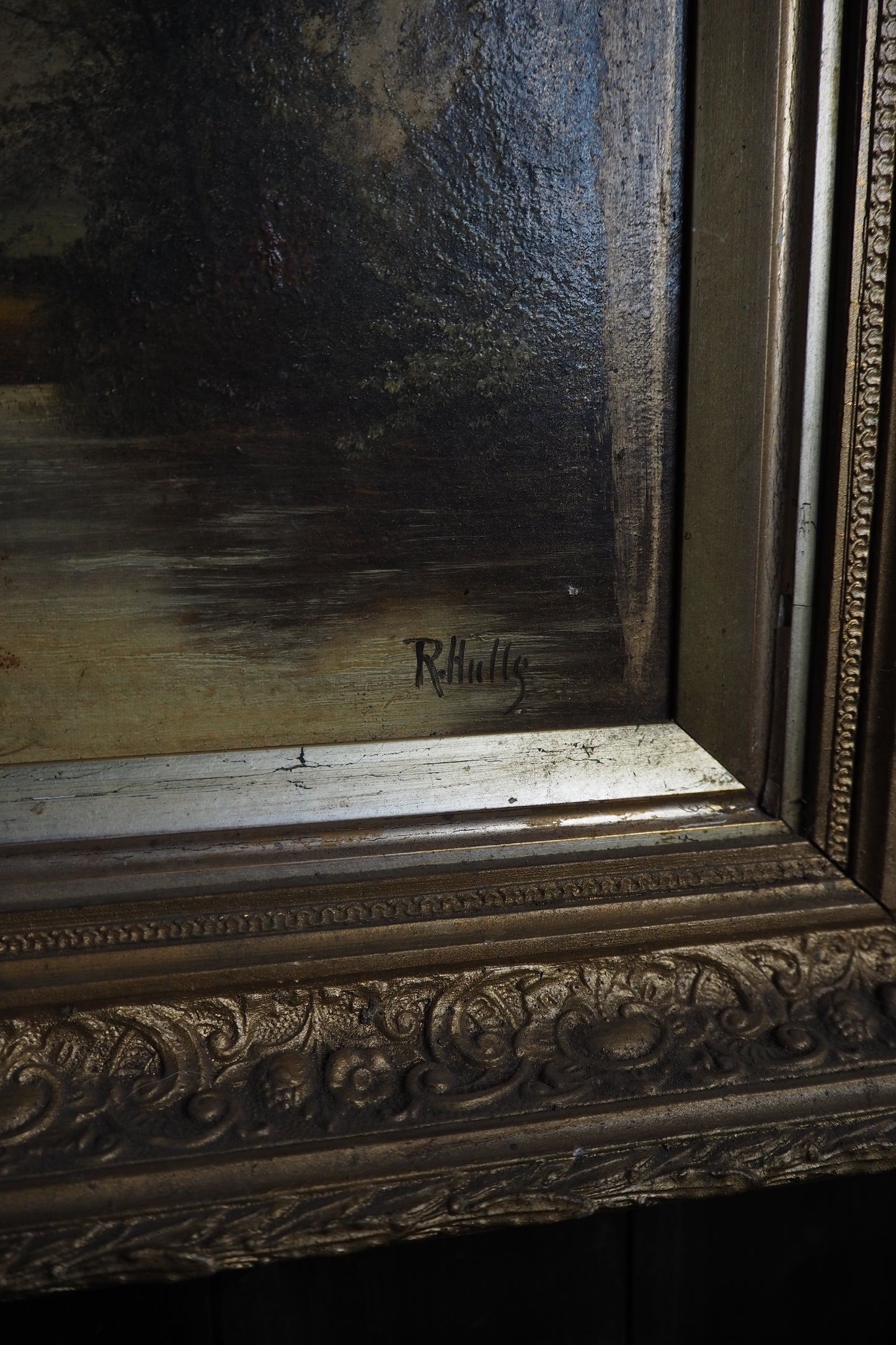 Antique Oil Painting River Landscape Signed R. Hully | Victorian Ornate Gold Gesso Frame